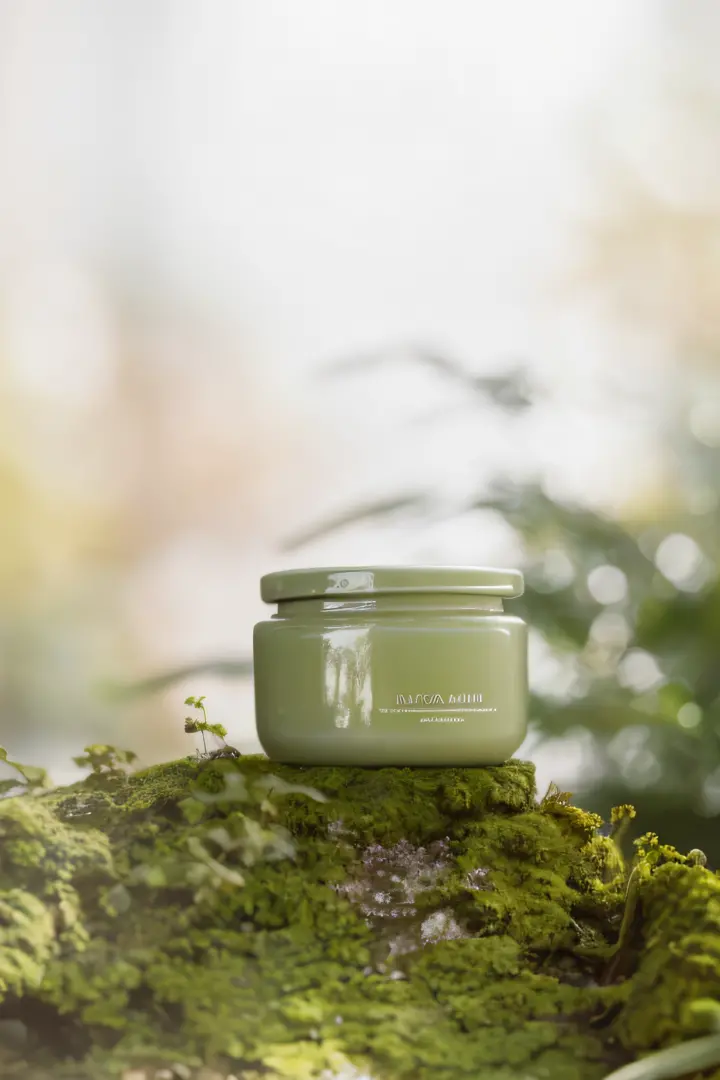 Close-up of a jar of cream on a mossy surface, Chill, biophilia mood, chillwave, textured base ; product image, choi, professional product photo, photoshoot for skincare brand, professional product shot, high quality product photo, Skincare, Inspired by Ca...