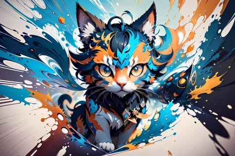 distorted art of the face of a cartoon warrior cat of vibrant colors in the form of a futuristic shield with technique brush and...