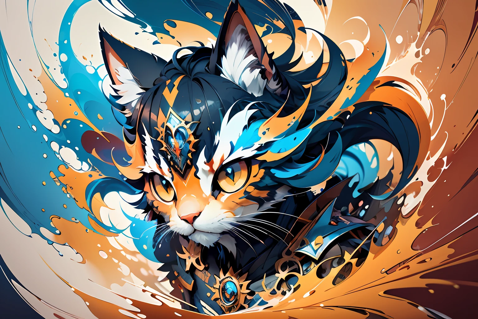 distorted art of the face of a cartoon warrior cat of vibrant colors in the form of a futuristic shield with TECHNIQUE brush and splash effects