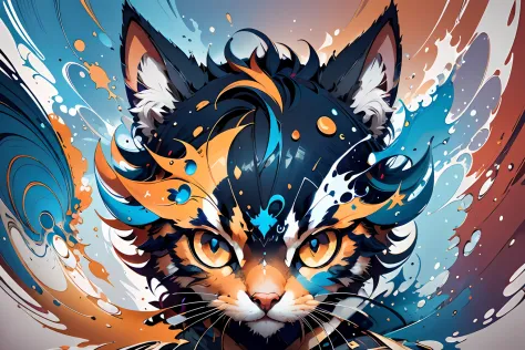 distorted art of the face of a cartoon warrior cat of vibrant colors in the form of a futuristic shield with technique brush and...