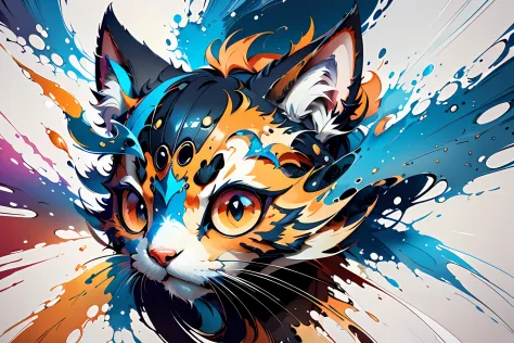 distorted art of a cartoon cat's face of vibrant colors in the form of a futuristic shield with technique brush and splash effec...