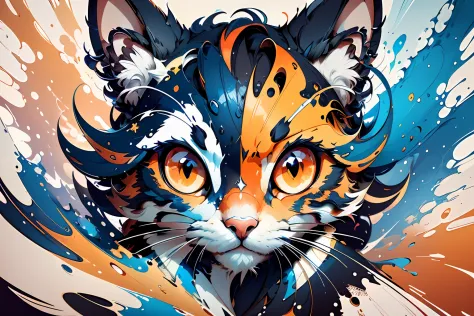 distorted art of a cartoon cat's face of vibrant colors in the form of a futuristic shield with technique brush and splash effec...