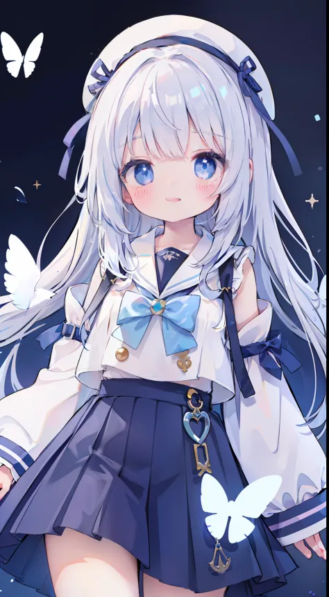 one girl、silber hair、long、fluttering hair、blue eyess、a smile、​masterpiece、top image quality、laugh、long-sleeved sailor suit、pleat...