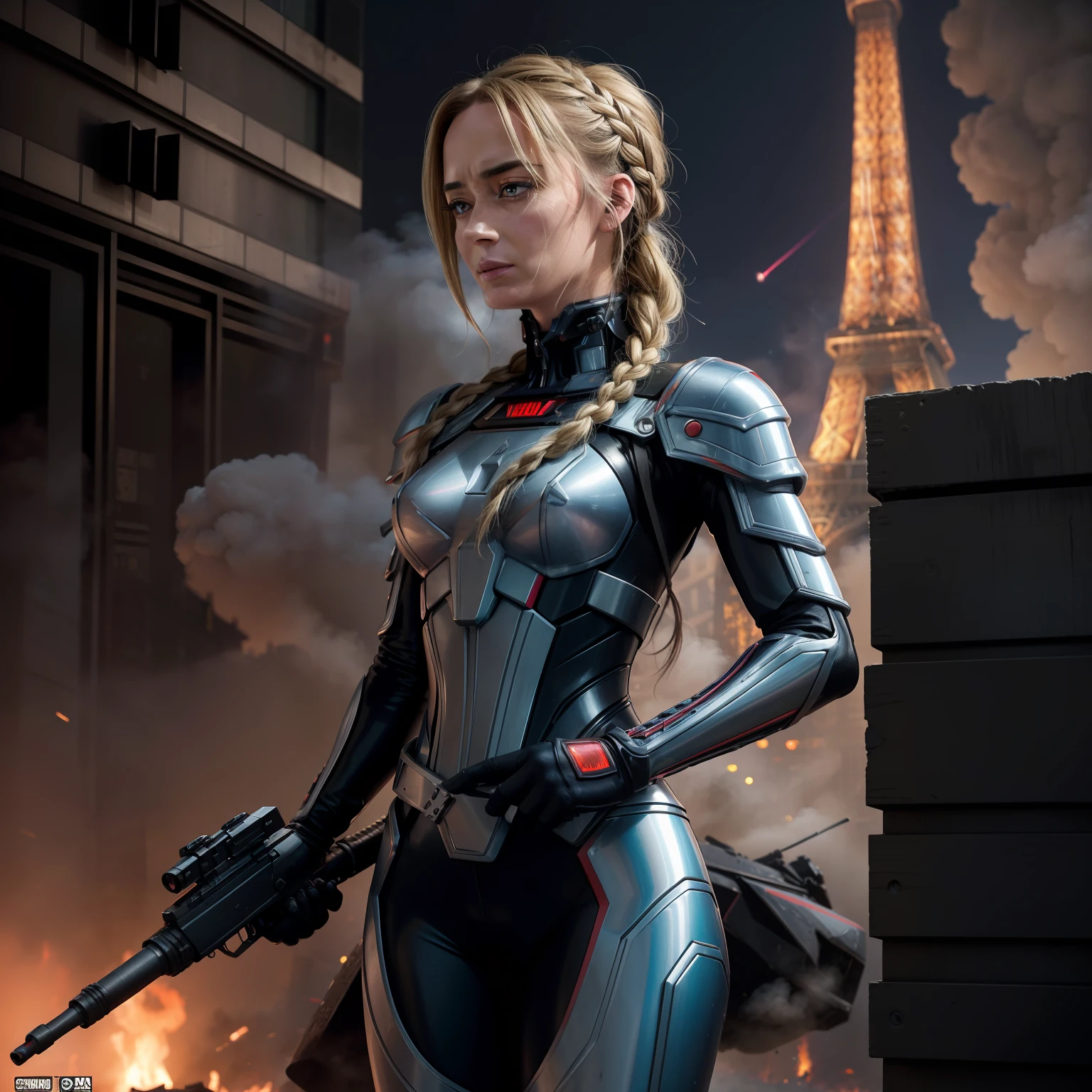 A woman in a futuristic suit holding a gun in front of a tower - SeaArt AI