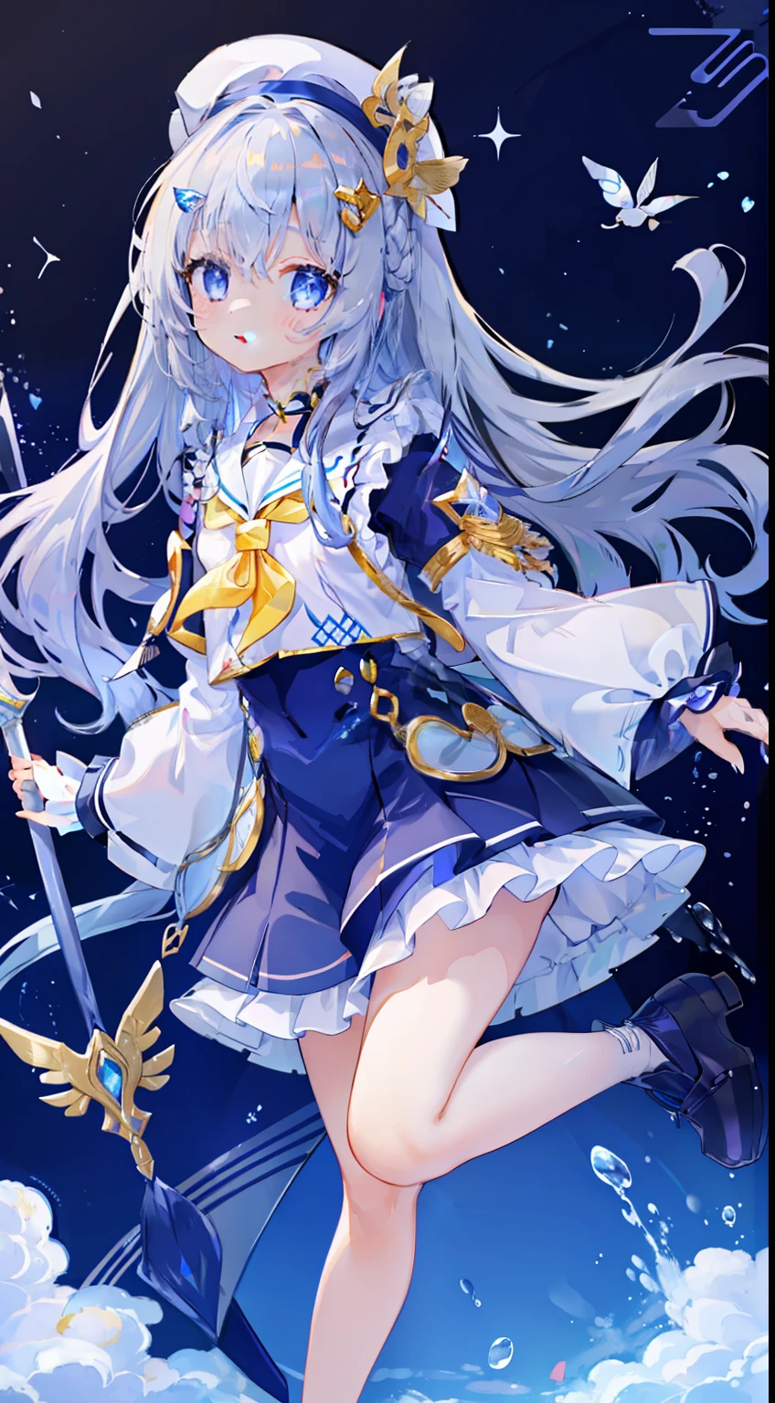 One girl、silber hair、long、Fluttering hair、blue eyess、A smile、​masterpiece、Top image quality、Laugh、Long-sleeved sailor suit、pleatedskirt、long-sleeve、Moe Sleeve