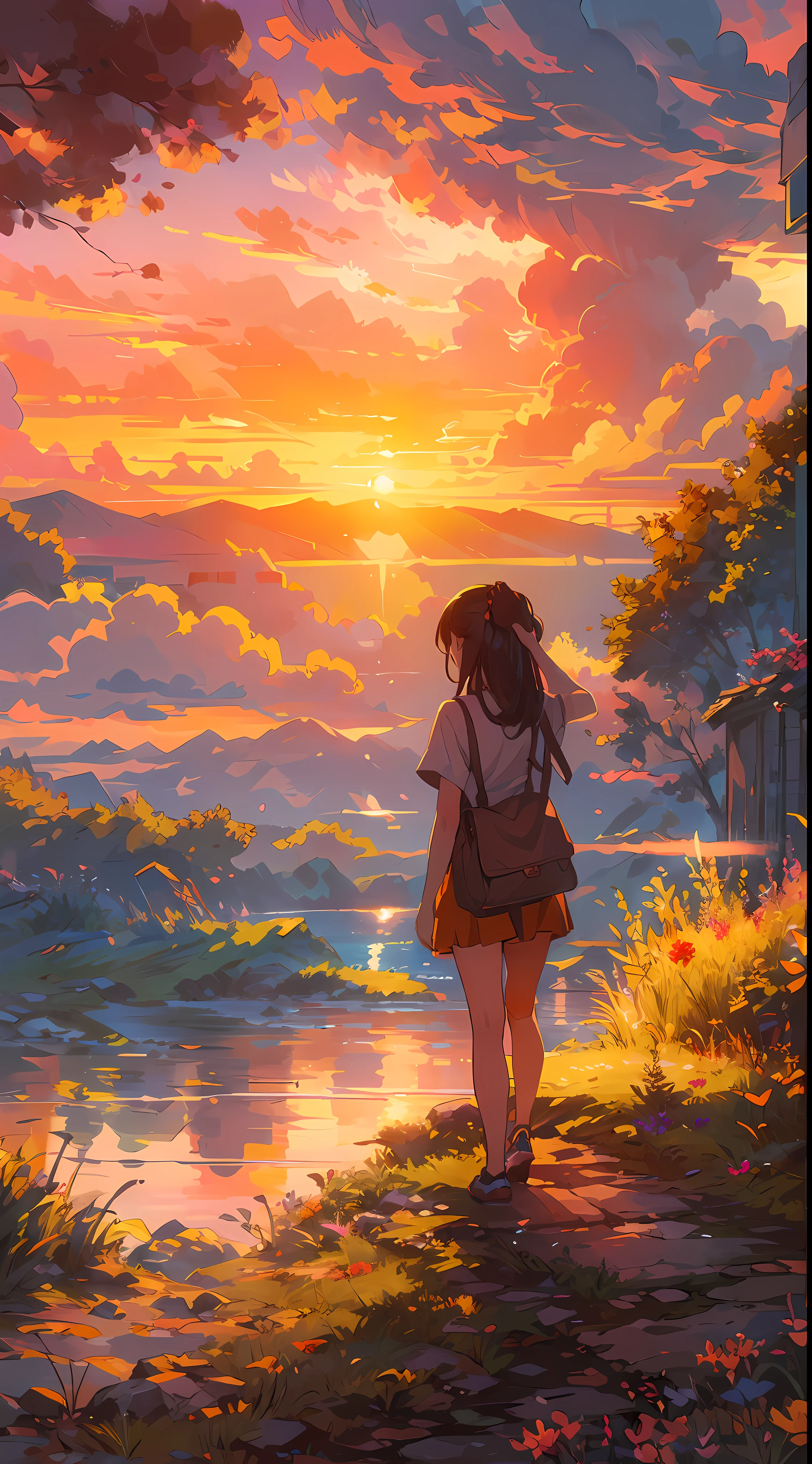 "夕陽下的迷人景象, 一個女孩看著它, 從後面, (女孩焦點0.6), 沐浴在陽光和雲彩的金色色調中, 散發出充滿活力和令人驚嘆的光譜. 傑作."