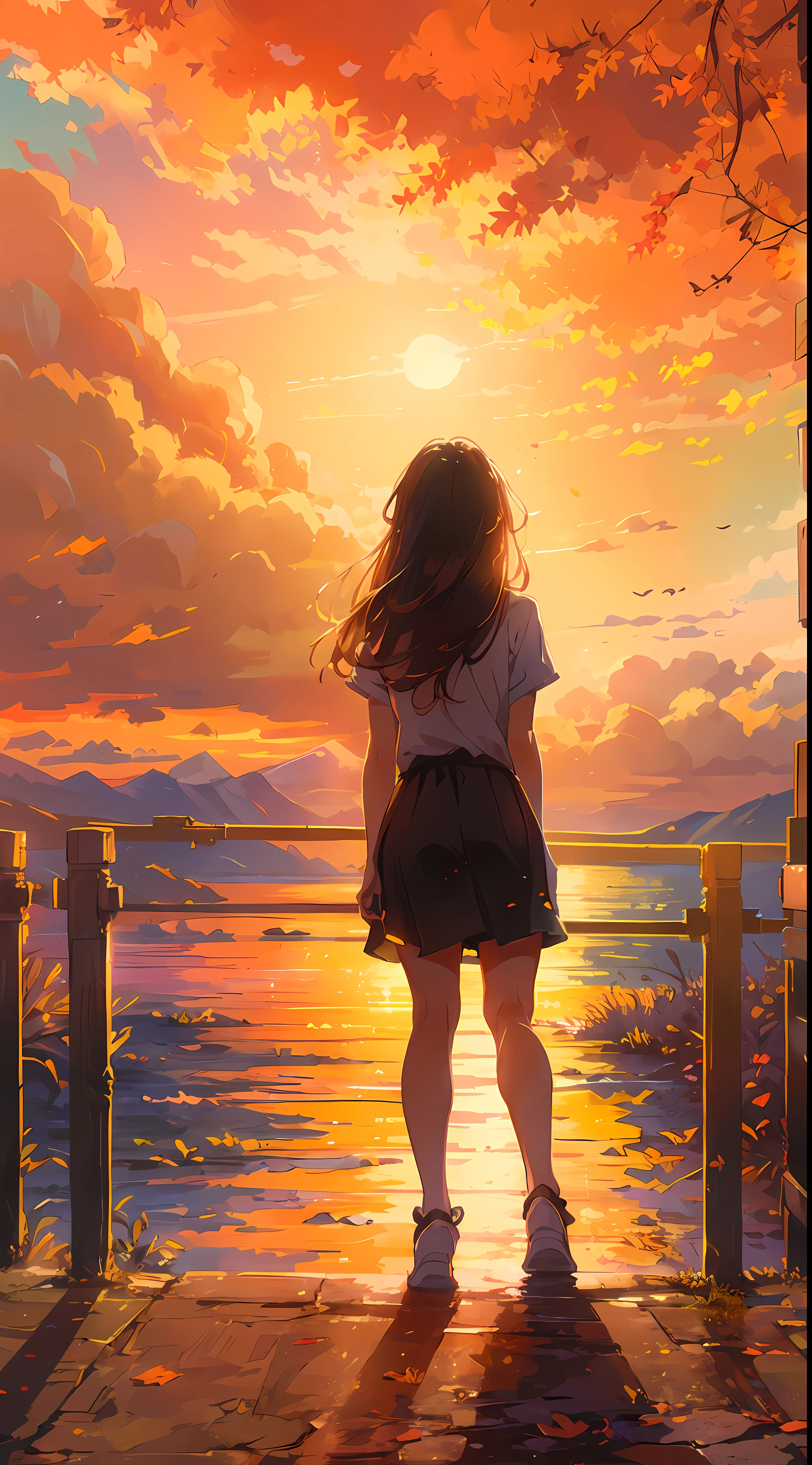 "A mesmerizing scene of sunset, a girl looking at it, from behind, (girl focus0.6), bathed in the golden hues of sunlight and cloud, emanating a vibrant and awe-inspiring spectrum. Masterpiece."