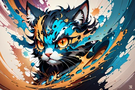 distorted art of the face of an angry cartoon cat of vibrant colors in the form of a futuristic shield with technique brush and ...