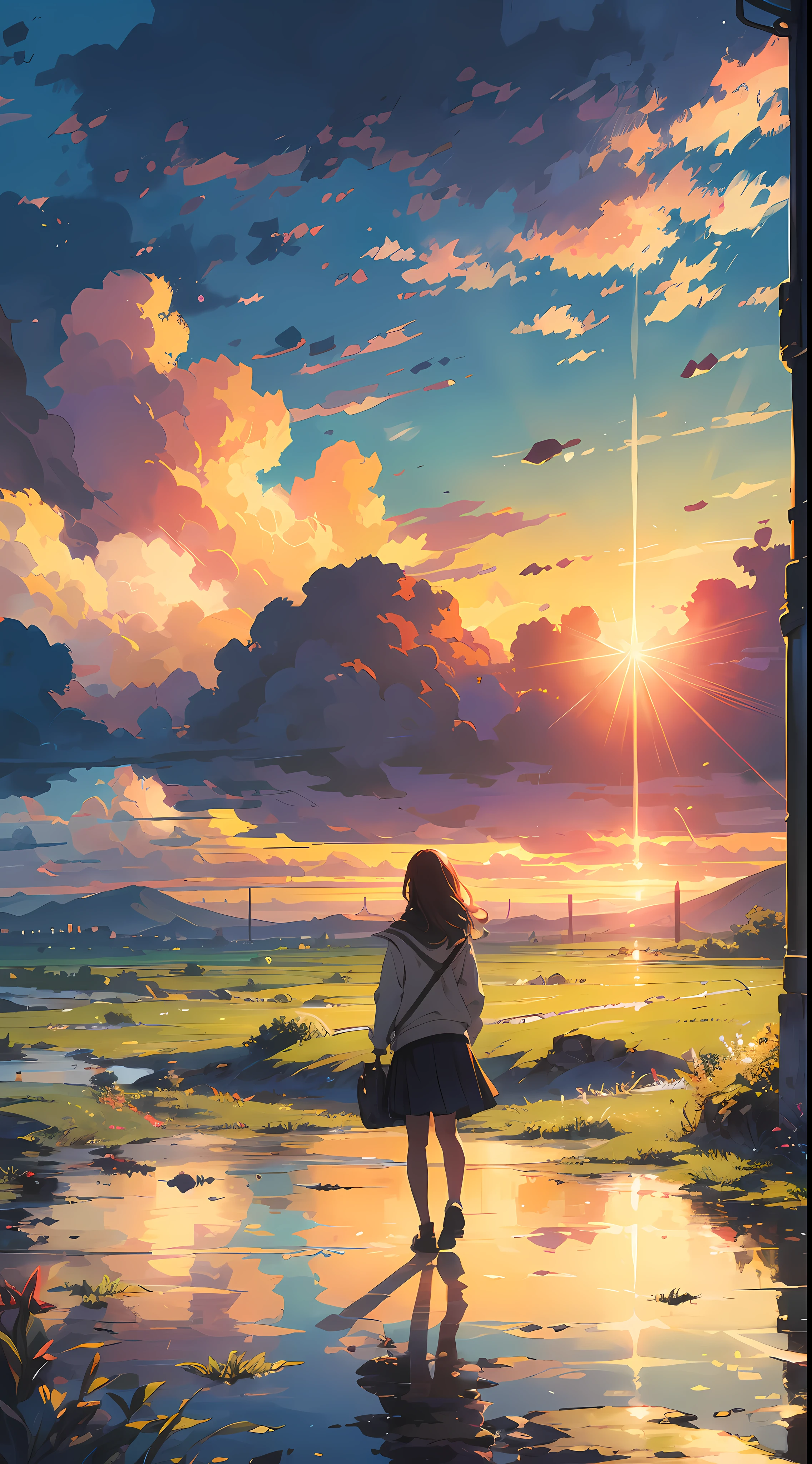 "Une scène fascinante de coucher de soleil, une fille qui le regarde, par derrière, (fille focus0.6), baigné dans les teintes dorées de la lumière du soleil et des nuages, dégageant un spectre vibrant et impressionnant. chef-d&#39;œuvre."