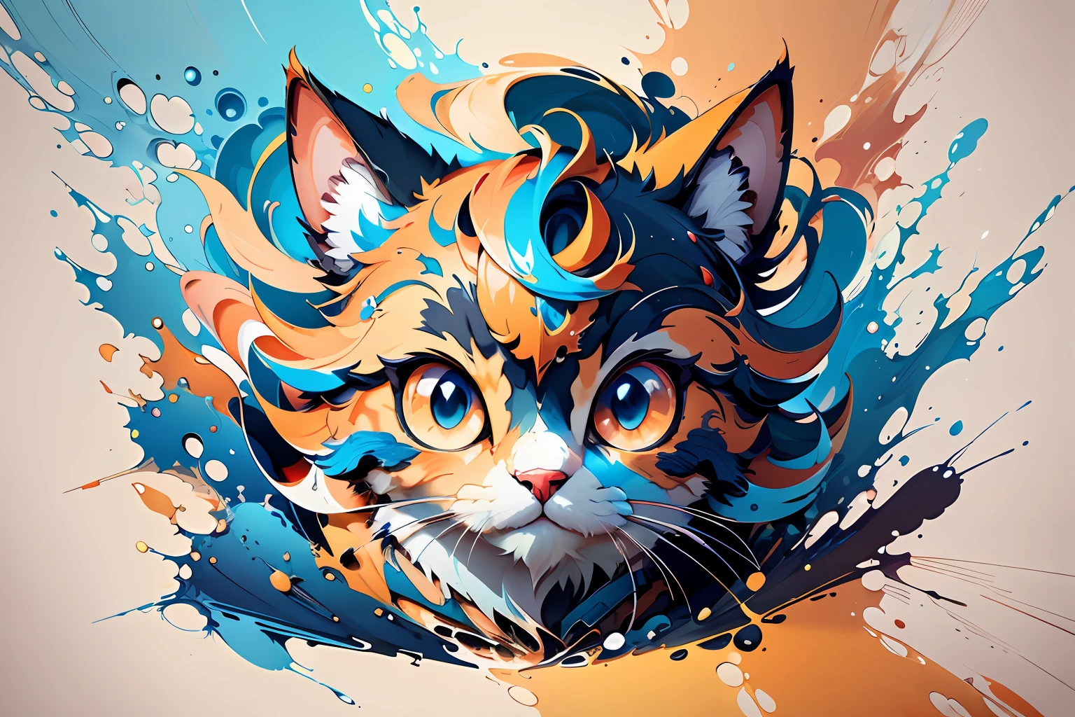 distorted art of a cute cartoon cat's face of vibrant colors in the form of a futuristic shield with TECHNIQUE brush and splash effects