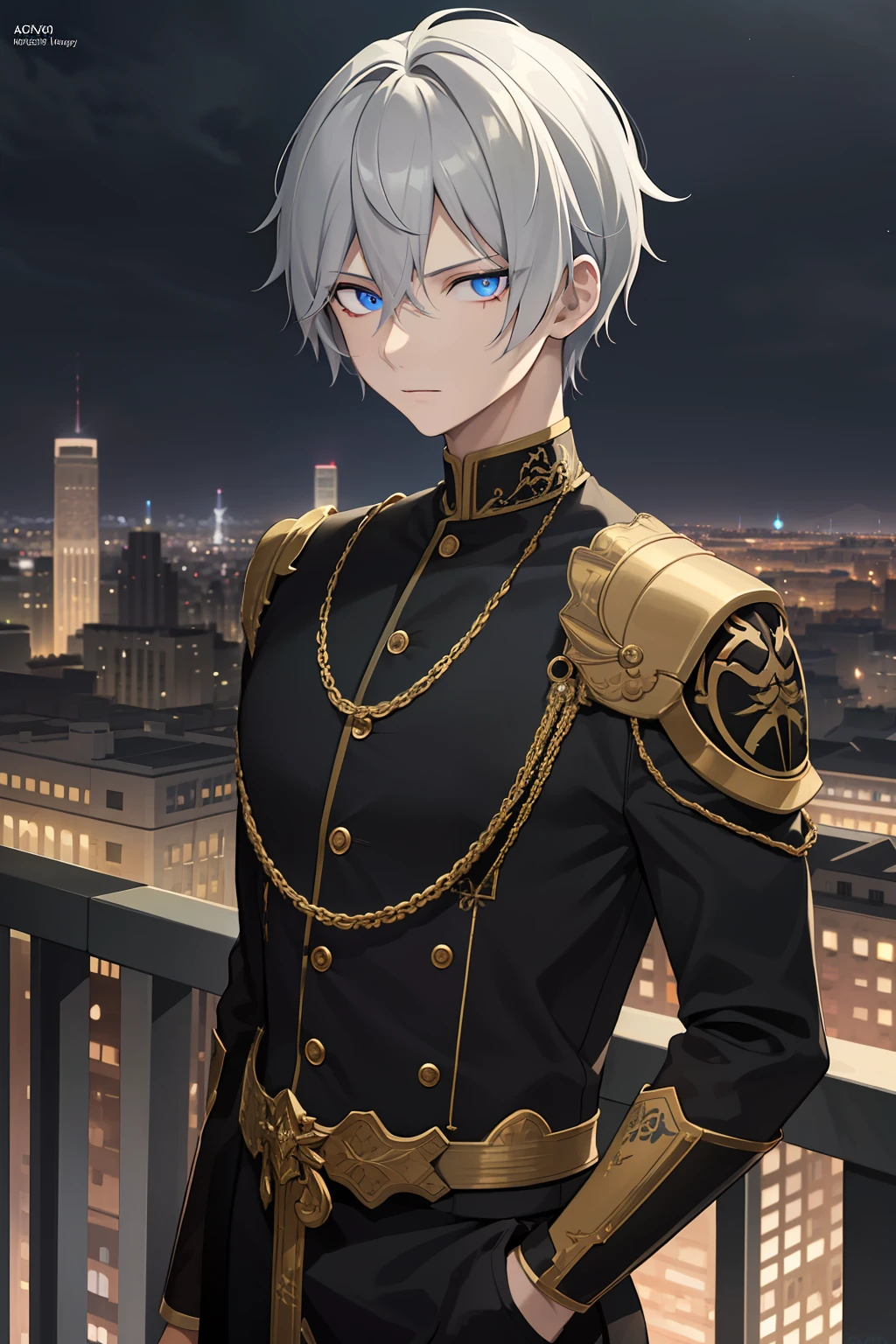 masterpiece, best quality, high quality, 1boy, solo, male focus, looking at viewer, upper body, silver hair, hair_over_one_eye, scar, blue eyes, glowing eyes, detail eyes, glow eyes, mangastyle, city, cityscape, night, nightsky, on top of building,