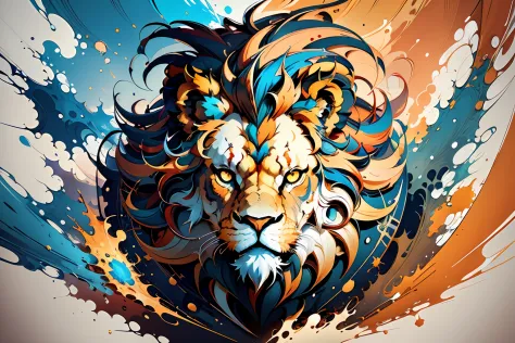 distorted art of the face of an angry cartoon lion of vibrant colors in the form of a futuristic shield with technique brush and...