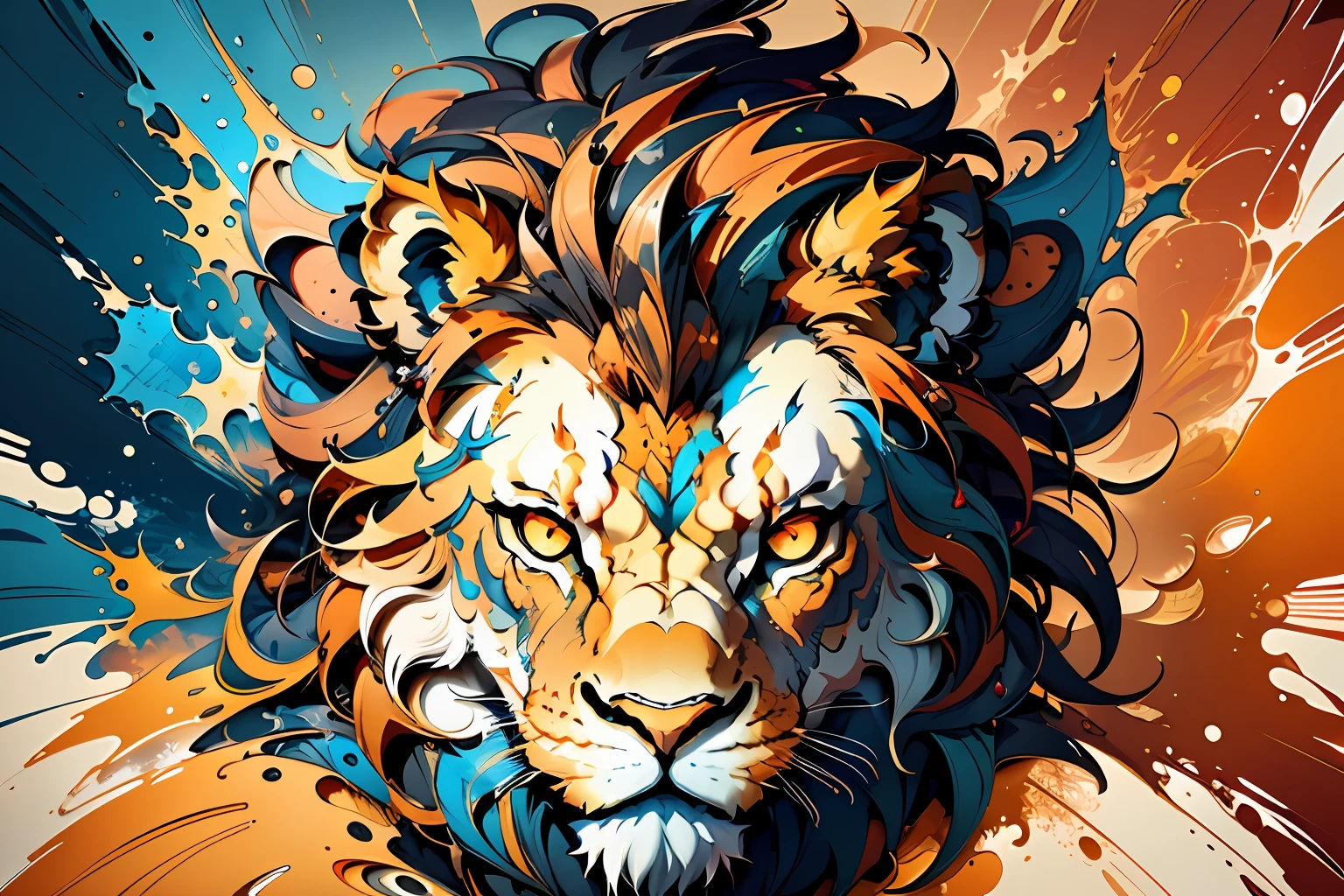 distorted art of the face of an angry cartoon lion of vibrant colors in the form of a futuristic shield with TECHNIQUE brush and splash effects