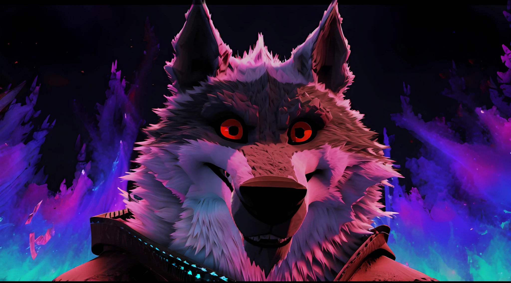 Photo de couverture de Death Wolf regardant le spectateur très sérieux et avec une grande haine dans ses yeux rouges et sombres 3D ULTRA HD 8K