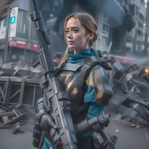 emily blunt (dutch braided hair) in evangelion armor behind a barricade, carrying a laser assault rifle in his hands, dinamic po...