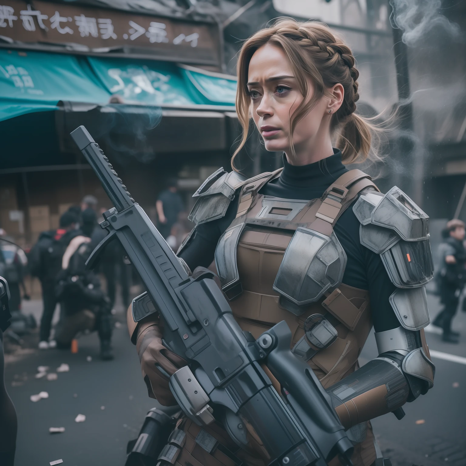 Emily Blunt (Dutch braided hair) in Evangelion armor behind a barricade, carrying a laser assault rifle in his hands, dinamic poses, olhar serio, Combates intensos, foto de corpo inteiro, Cyberpunk, mega tokyo, Fires and smoke, Nokia camera, modelshoot, corpo atletico, Post-apocalyptic Paris, Eiffel Tower destroyed