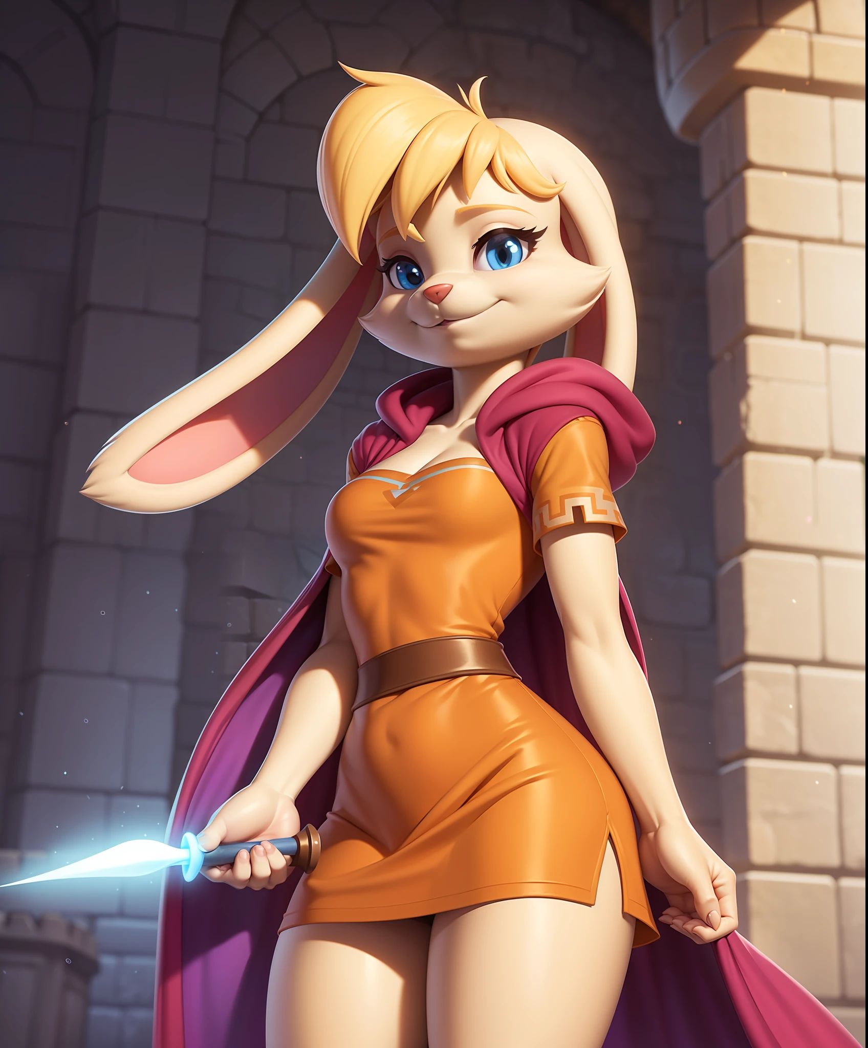 bianca, furry female anthro, rabbit girl, standing, portrait, short dress, hooded cloak, wand, solo, (body fur:1.2), (best quality), (magical castle great hall background:1.2), dramatic lighting, (detailed fluffy fur:1.1), looking at viewer, smile, short sleeves,