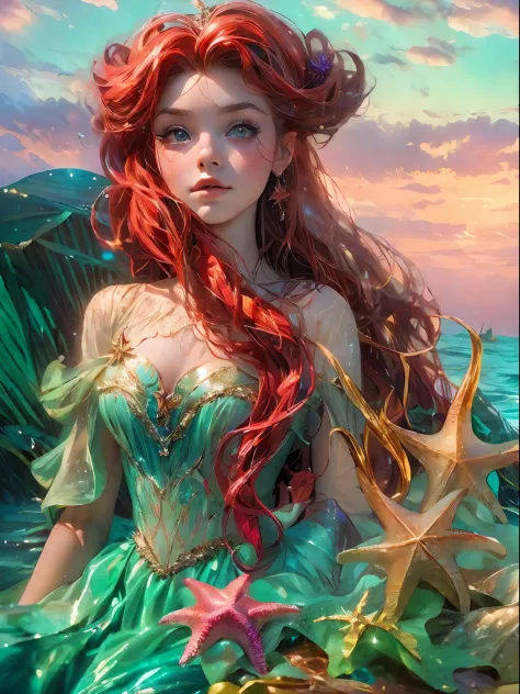 highestquali，tmasterpiece：1.2，detailed details，a 16-year-old woman dressed up as a portrait of ariel the little mermaid of disne...