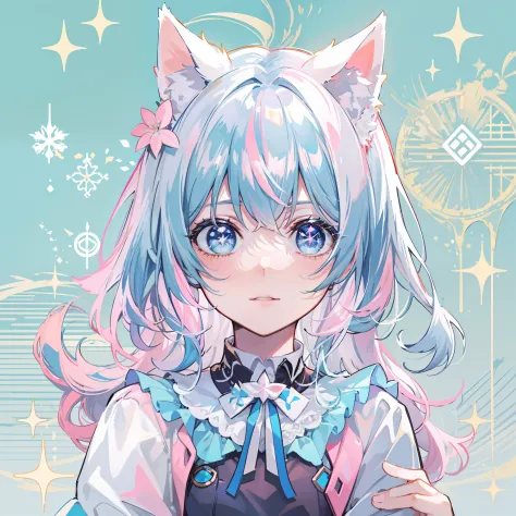 tmasterpiece，Best quality at best，pastelcolor，one-girl，Blue-white gradient hair，dual horsetail，adolable，quadratic element，cat ea...
