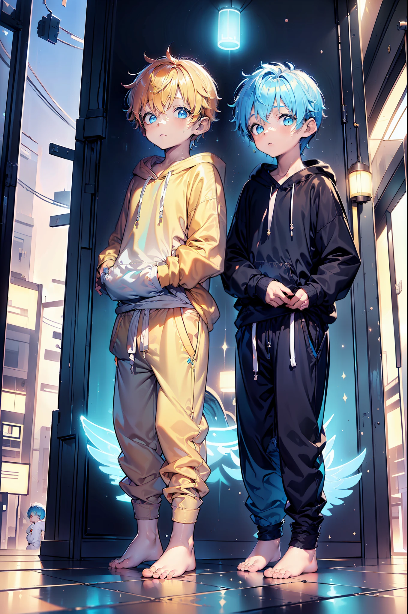 2 Little boys with blue colored hair and shiny, glowing cyan eyes and barefoot and small feet, who wear a yellow oversized hoodie and sweatpants, flying with wings on back, flush, Jung, Junge, Kind, klein, , tiny feet, (Jogginghose:1.4), (Jung:1.4), (Kind:1.4), (Shota:1.4), (Kapuzenpullover:1.4), (sunset:1.4)