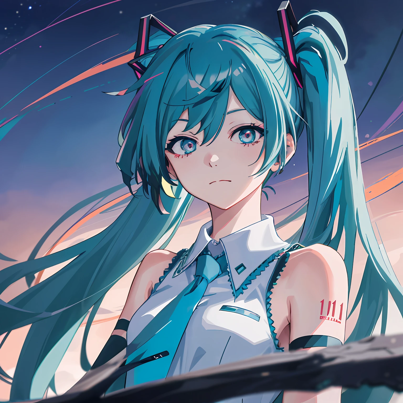 Close-up of Hatsune Miku style characters，Long hair shawl，Wear a tie，Be ...