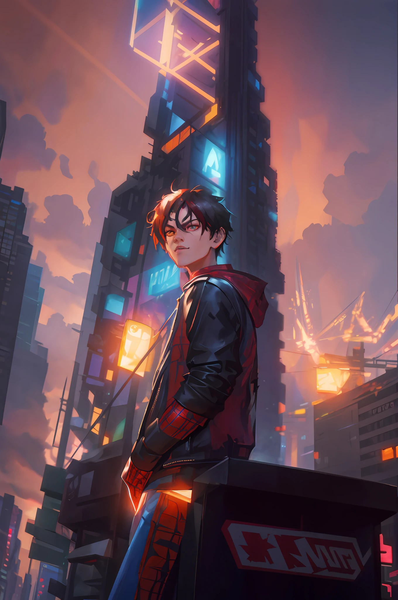 Spider Man- style photo of a man standing in front of a city at night, hero pose colorful city lighting, stylized urban fantasy artwork, Peter Parker in cyberpunk, inspired by The Amazing Spider-Man movie, ross tran 8 k, wojtek fus, digital cyberpunk anime art, ross tran style, ross tran and bayard wu, rossdraws global illumination, digital cyberpunk - realistic art