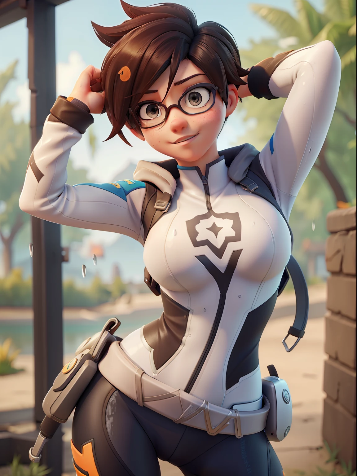 Tracer, Trazador de Overwatch, usando ropa ajustada, en día soleado , Húmedo, Húmedo clothes, cuerpo notable, pezones, lindo, sexy, caliente, sudoroso, obra maestra, mejor calidad,