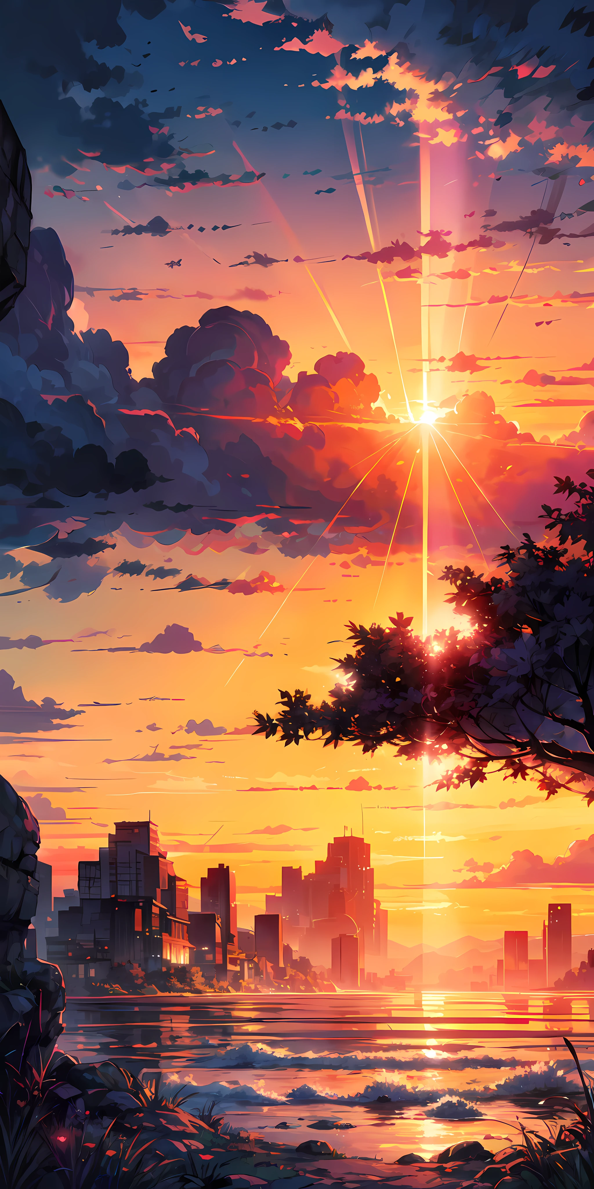 "Une scène de coucher de soleil fascinante avec une fille fascinée par les majestueux rayons dorés du soleil et des nuages, créer une palette de couleurs impressionnantes et vives. chef-d&#39;œuvre."