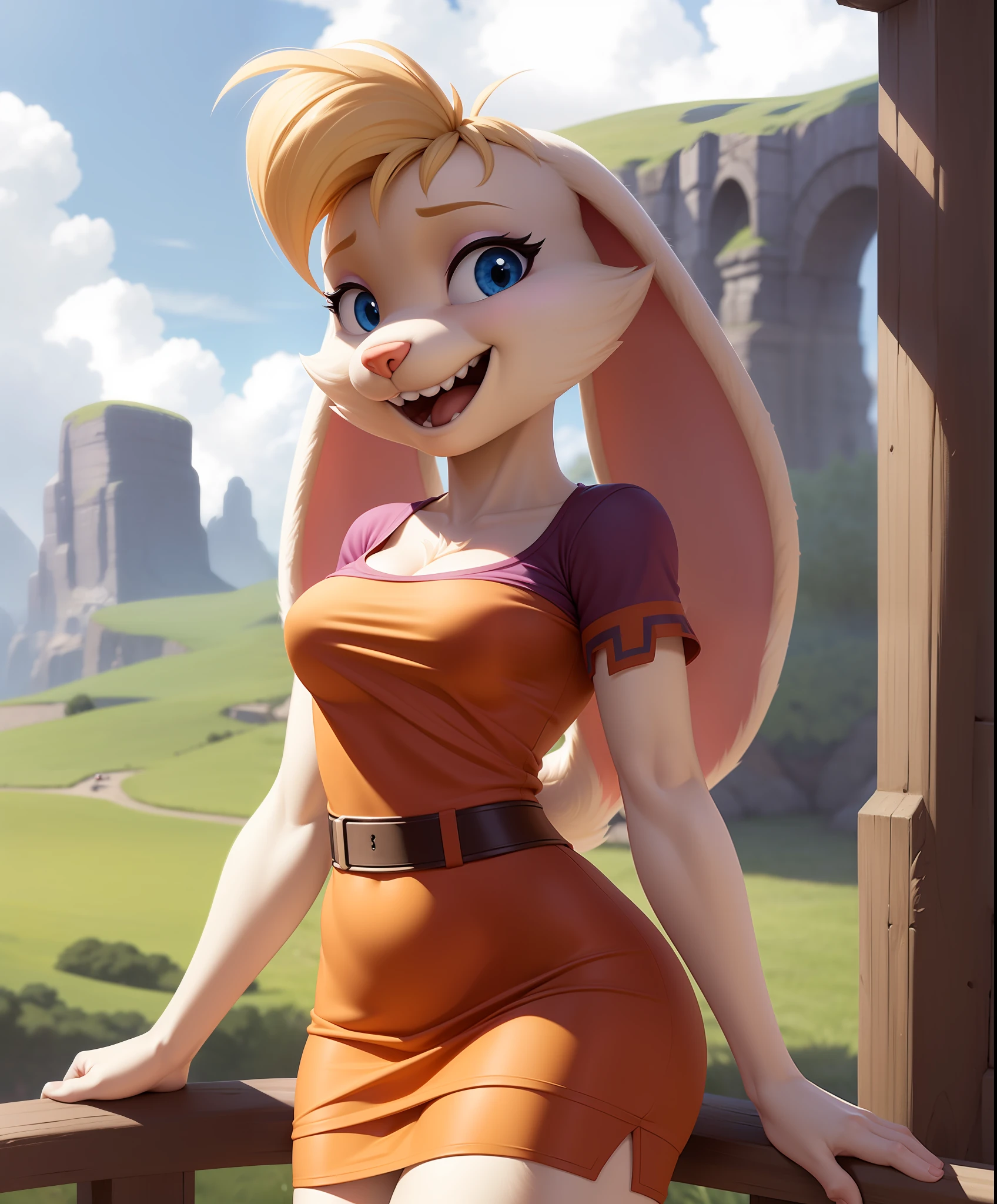 bianca, furry female anthro, rabbit girl, standing, portrait,( short dress:1.1), short sleeves, solo, (body fur:1.2), (best quality), (outdoors fantasy background:1.2), cinematic lighting, (detailed fluffy fur:1.1), looking at viewer, smile, open mouth, teeth,