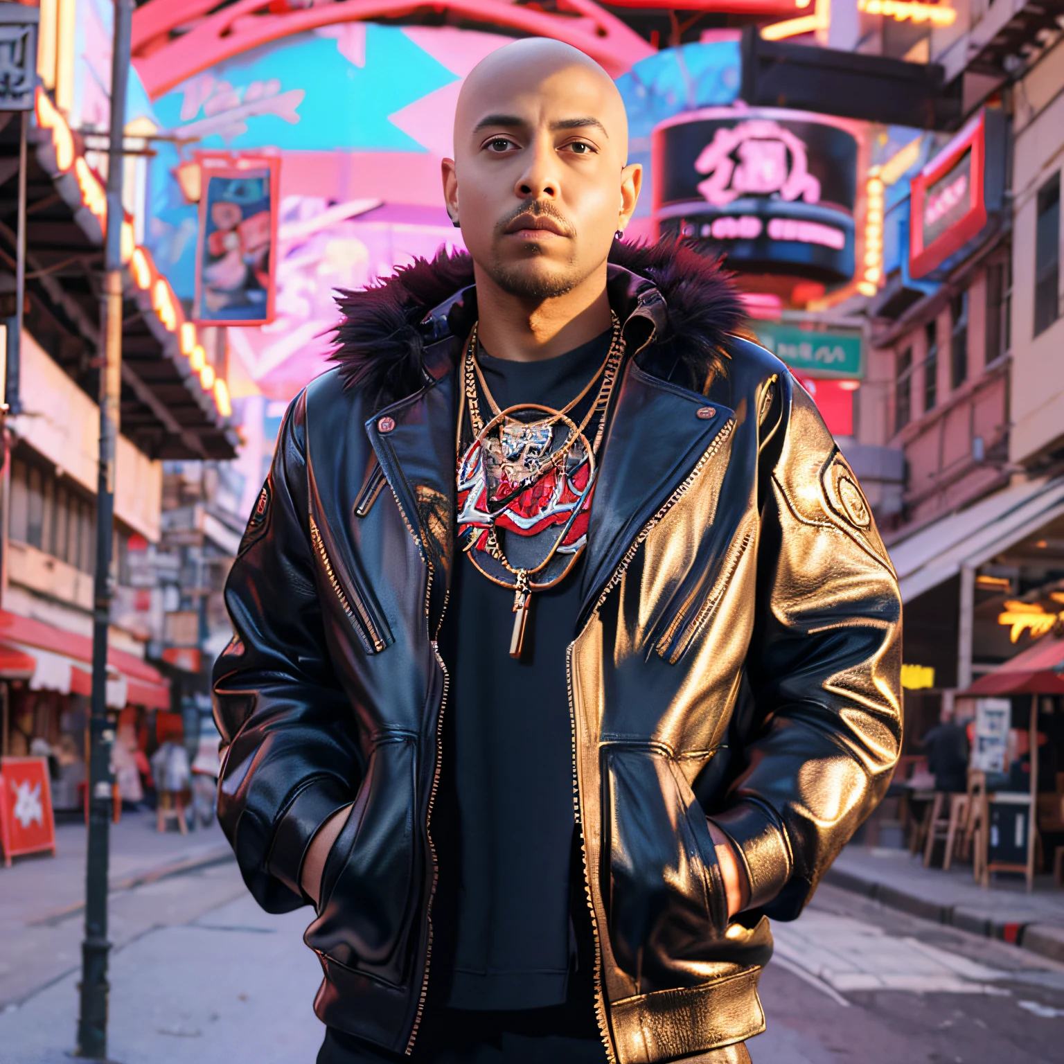 This is a CG Unity 8k wallpaper with ultra-detailed, high-resolution and top quality in cyberpunk style, dominated by black and red. In the picture,1rapper with Bald hair, Unique mink Fur Jacket (Virgal Abloh) (H R Gigger), fog, Voltron, detailed and realistic image, amazing composition with vintage scenery with abstract shapes, abstract minimalist background with tentacles, melt, drip, yoshitomo nara:1.5, wes anderson:1.3, new casualism, retro, minimalism,BiopunkAI holding a heavy sniper rifle in his han