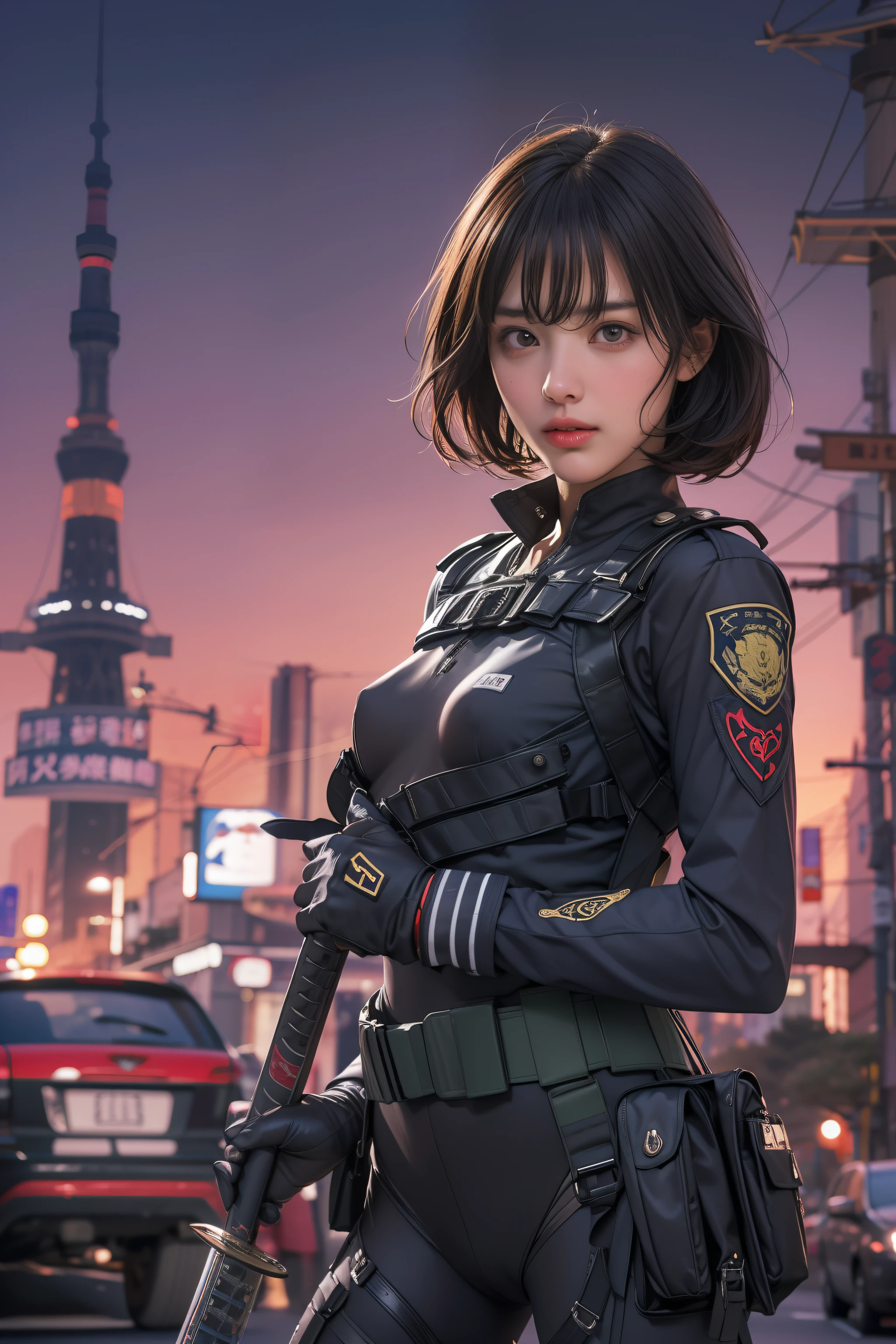 A dark-haired, extra short hair,big eye,full body,Japan beauties,Korean Idol,30-years old,(small tits),flat-chest,top-quality,masterpiece,8K,cowboy shot,1 woman, Elegant beauty, Radiant skin, Detailed facial expressions, (Style Dynamic:0.8),heavy Armed girls ,swat,emergency service unit,tactical suit,japan,tokyo,night scene,tokyo tower,metropolitan police department,anti-monster squad,Standing Pose, holding katana, Determined expression, Armor Details, Detailed background,powerful aura,