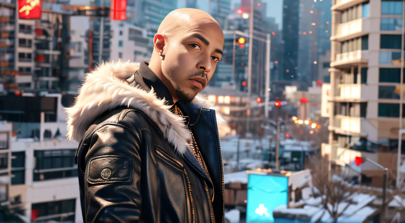 This is a CG Unity 8k wallpaper with ultra-detailed, high-resolution and top quality in cyberpunk style, dominated by black and red. In the picture,1rapper with Bald hair, Unique mink Fur Jacket (Virgal Abloh) (H R Gigger), fog, Voltron, detailed and realistic image, amazing composition with vintage scenery with abstract shapes, abstract minimalist background with tentacles, melt, drip, yoshitomo nara:1.5, wes anderson:1.3, new casualism, retro, minimalism,BiopunkAI holding a heavy sniper rifle in his han