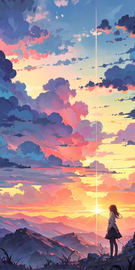 "A mesmerizing sunset scene with a girl mesmerized by the majestic golden rays of sunlight and clouds, creating an awe-inspiring and vivid color palette. Masterpiece."