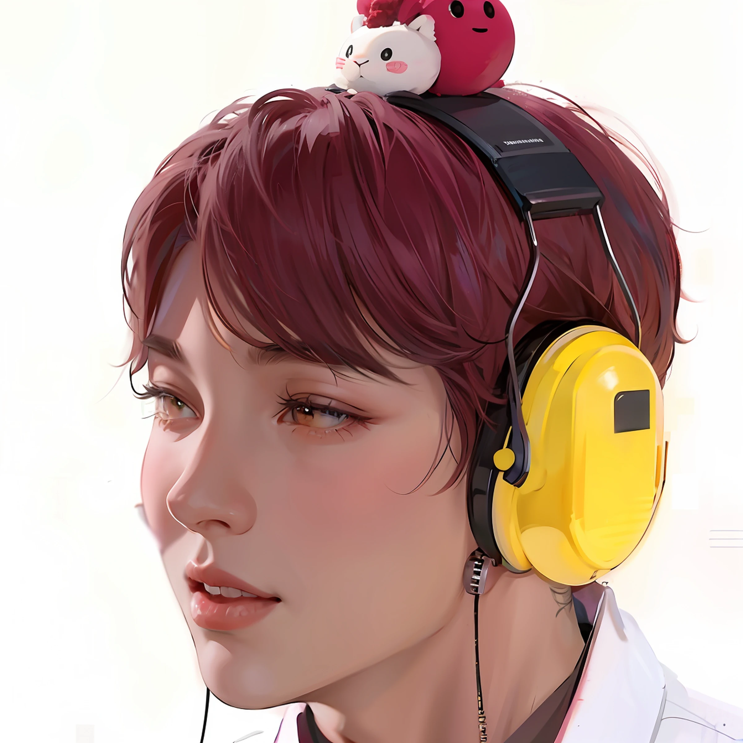 There's a man with headphones and a stuffed animal on his head, ele tem fones de ouvido, com fones de ouvido, com fones de ouvido, Usando fones de ouvido, Jungkook, BT 2 1, BT21, headphones on head, headphones on head, Kim Doyoung, headphones on head, Hyung Tae, ele parece um assecla humano, Rosto Jimin preciso, Bts, Jimin