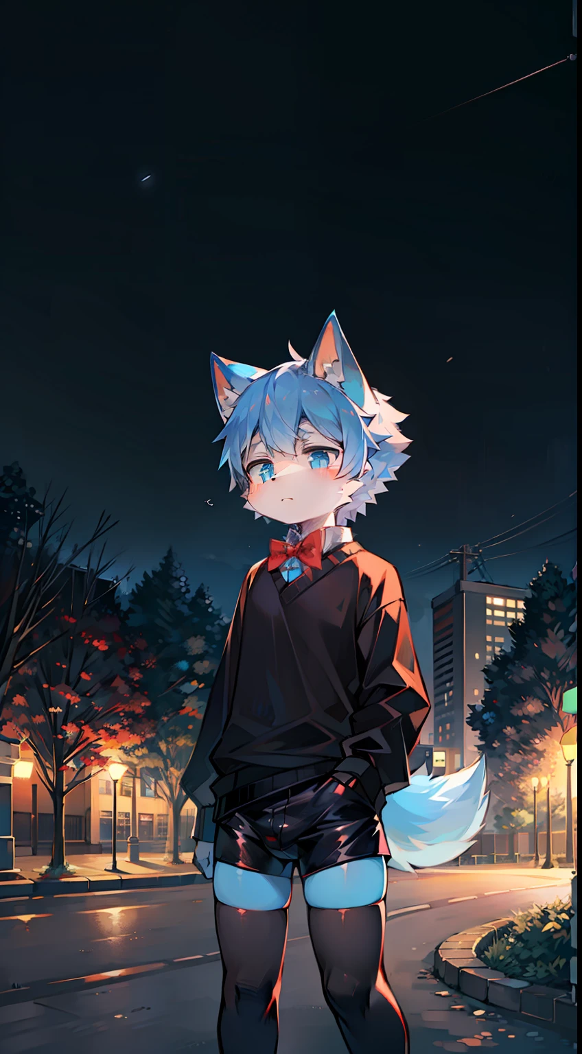 Anime girl with blue hair and black outfit standing on street at night -  SeaArt AI