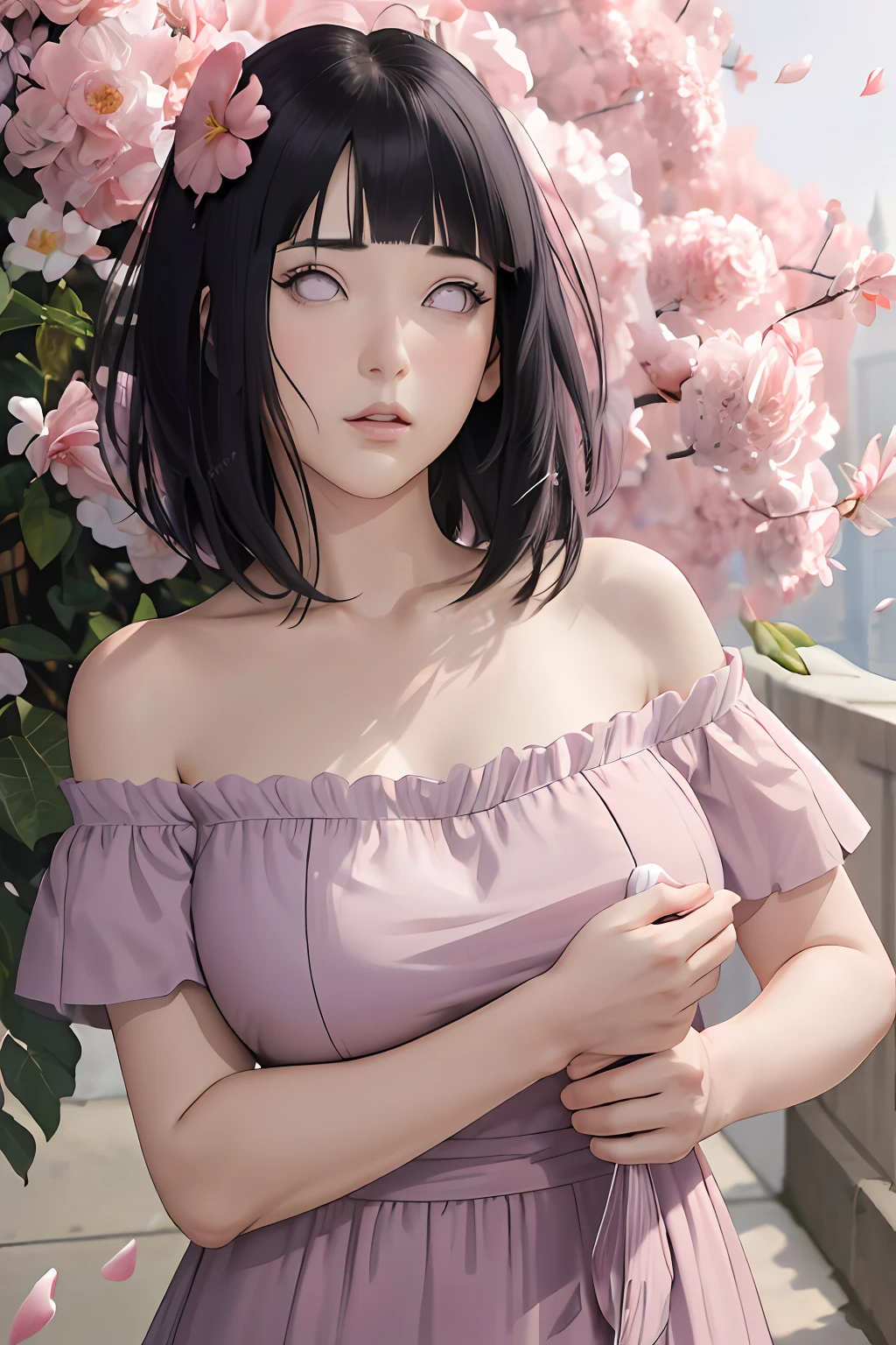 masterpiece, absurdres, hinata\(boruto\), 1girl, solo,mature female, off shoulder floral dress, looking at viewer, (falling petals), perfect composition, detailed lips, big breast, beautiful face, body propotion, blush, (pink lips), long hair,  purple eyes,  soft gaze,  super realistic, detailed, photoshoot, realistic face and body