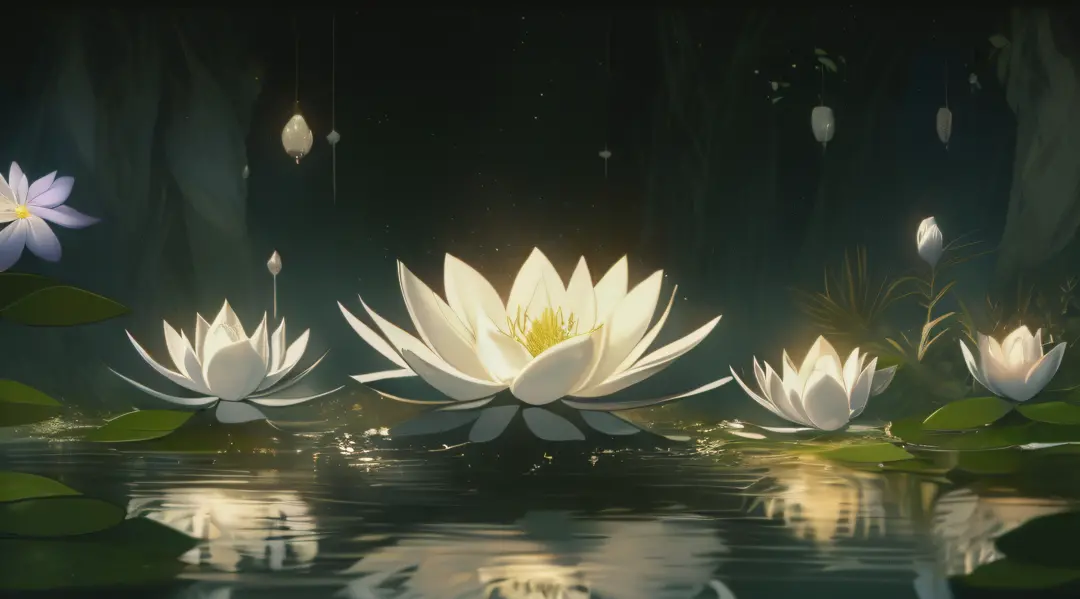 glowing and floating black lotus flower surrounded by golden white red light fireworks fantasy setting, forget me not flowers, v...