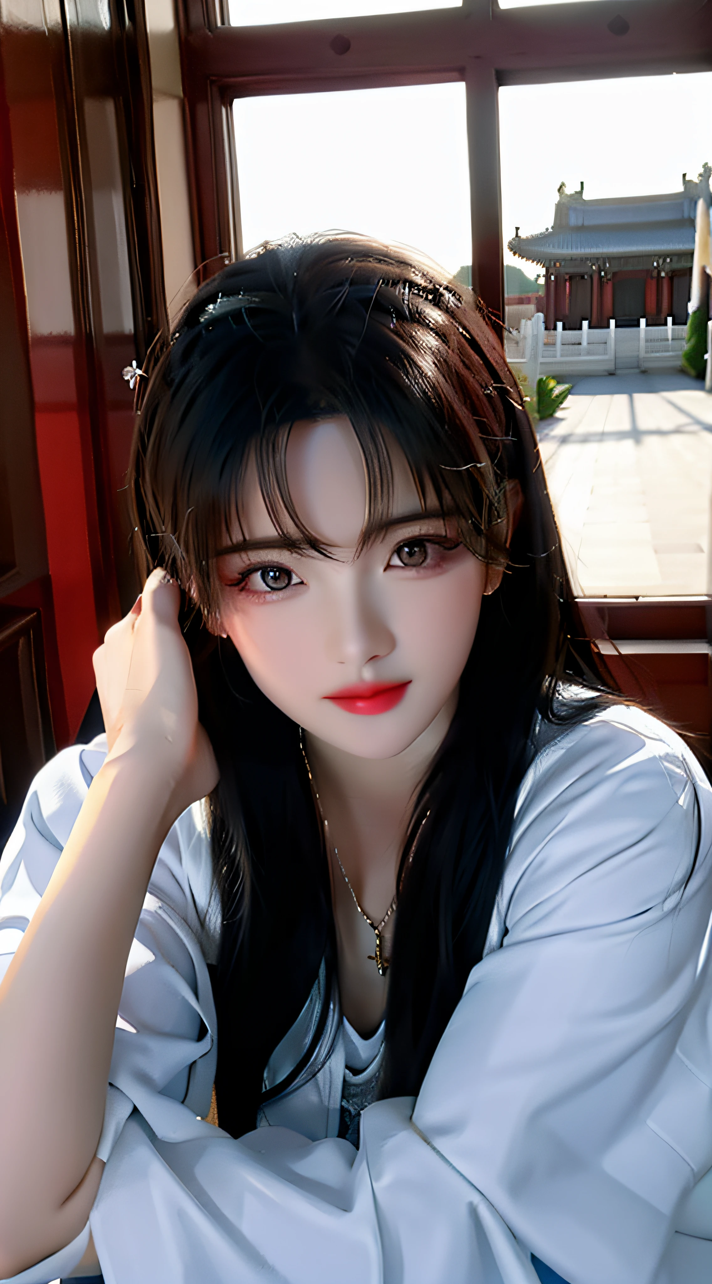 (((Masterpiece))), (((Best Quality: 1.4))), ((Super Detail: 1.4)), a masterpiece of a Qing court empress, 1girl, gorgeous hair, exquisite jewelry, delicate hair, Hetian jade bracelet, perfect facial features, big eyes, long eyelashes, delicate makeup, Little Red Book Internet celebrity makeup, willow eyebrows, resolute eyes, best light, best shadow, ray tracing, edge lighting, backlight, Sunset, good movements, good appearance, Beijing Forbidden City, Qianqing Palace, looking into the distance and thinking about something, 28 years old, ring on hand, 8K, ultra HD, movie filter, movie lighting, detailed skin, detailed face close-up, fair skin, stunning anime face portrait, beautiful digital artwork, WLOP Rossdraws, detailed digital animation art, Guwiz masterpiece, Guwiz style artwork, Guwiz, beautiful character painting, ArtStation Guvez on Pixiv, Güvez on Pixiv Art Station