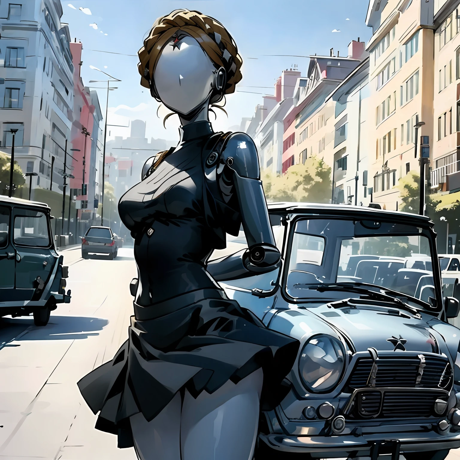 robot, masterpiece, best quality, detailed, 1girl, hair, looking at viewer, (top:1.4), (mini skirt:1.3), city, people, arms behind back, sunny sky, house, street, cafe