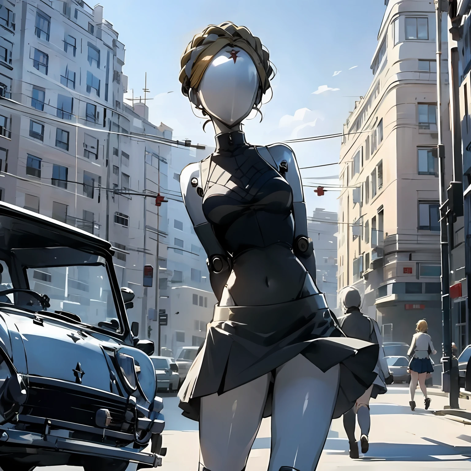 robot, masterpiece, best quality, detailed, 1girl, hair, looking at viewer, (top:1.4), (mini skirt:1.3), city, people, arms behind back, sunny sky, house, street, cafe
