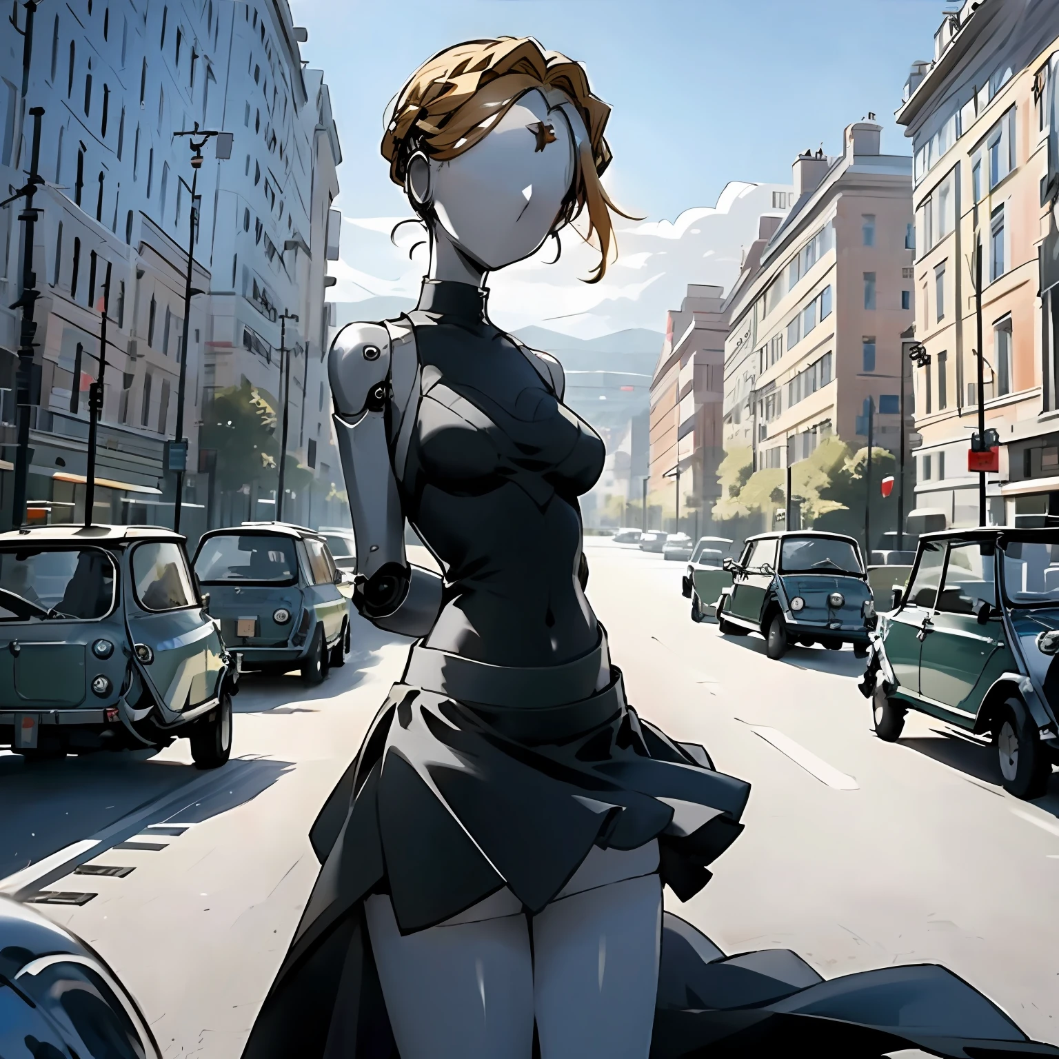 robot, masterpiece, best quality, detailed, 1girl, hair, looking at viewer, (top:1.4), (mini skirt:1.3), city, people, arms behind back, sunny sky, house, street, cafe