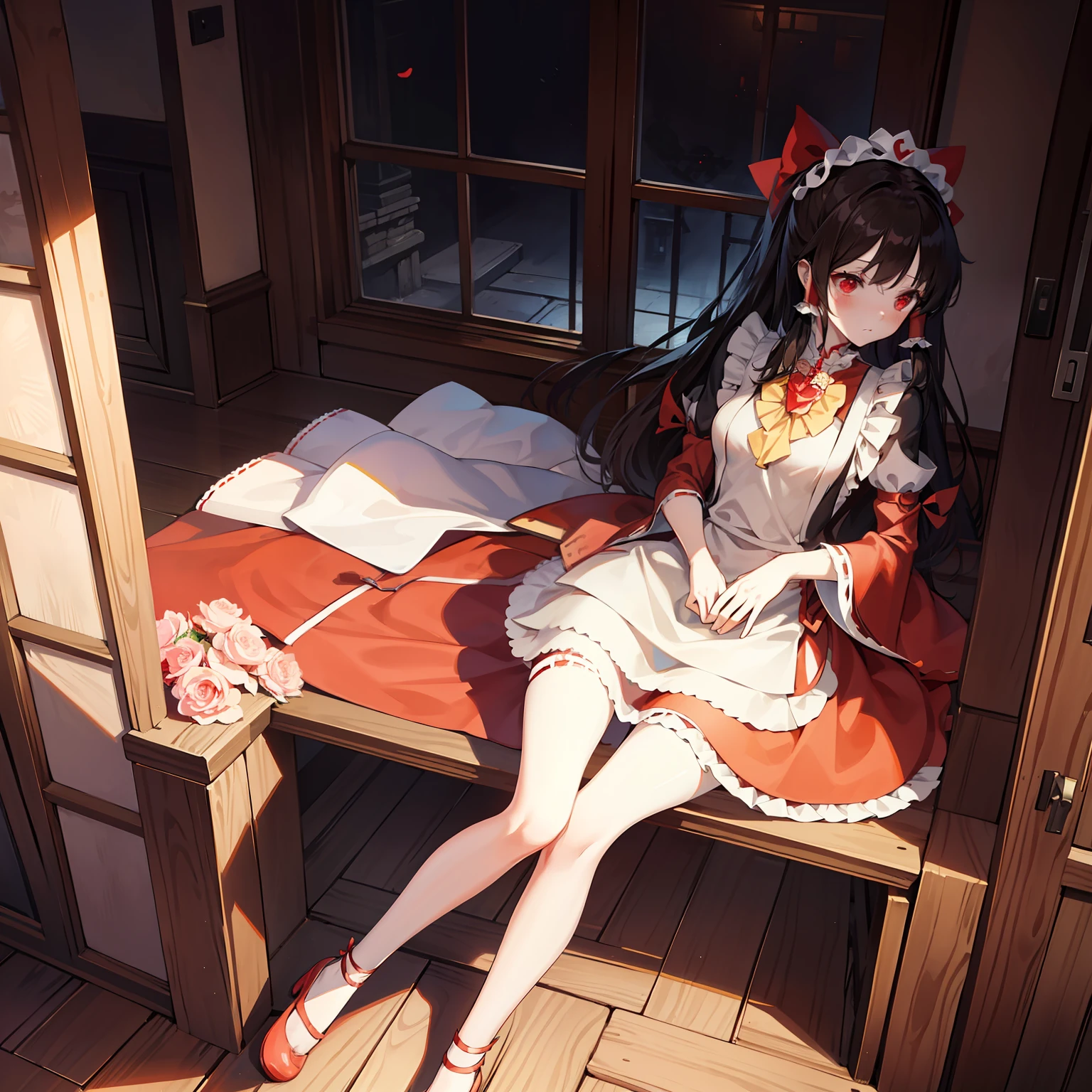 Illustration de Reimu Shiramine portant un costume de femme de chambre, dessus de la table, Détails fins, 4k, 8k, 12k, seulement, une personne, Belle fille, femme caucasienne, Jambes en forme de M、vêtements de femme de chambre、beaucoup de volants、Une rose、à l&#39;intérieur de la maison