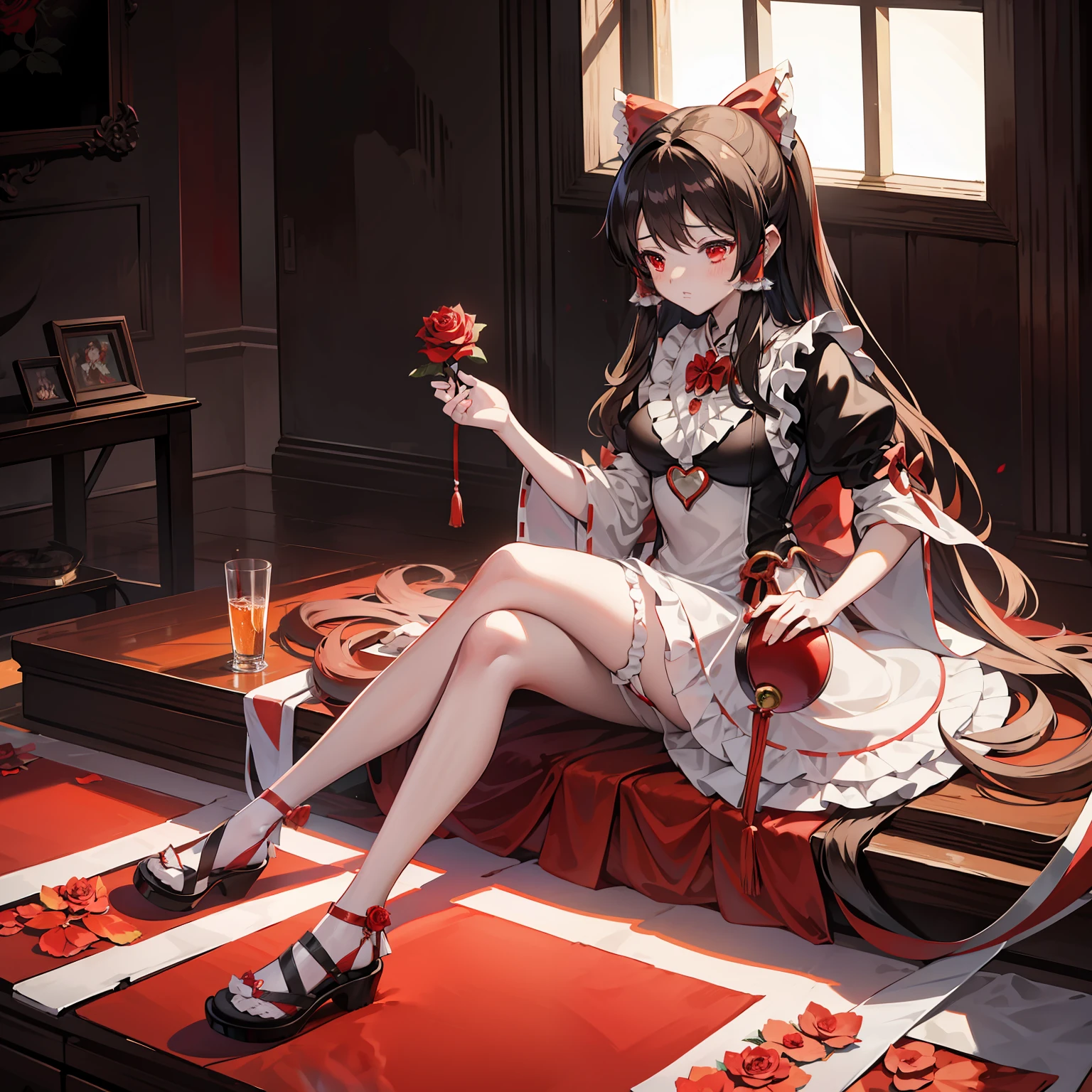 Abbildung von Reimu Shiramine in einem Dienstmädchenkostüm, Tischplatte, feine Details, 4K, 8K, 12K, Allein, eine Person, schönes Mädchen, kaukasische Frau, M-förmige Beine、schwarzes Dienstmädchen-Outfit、viele Rüschen、Rose、in einem Haus