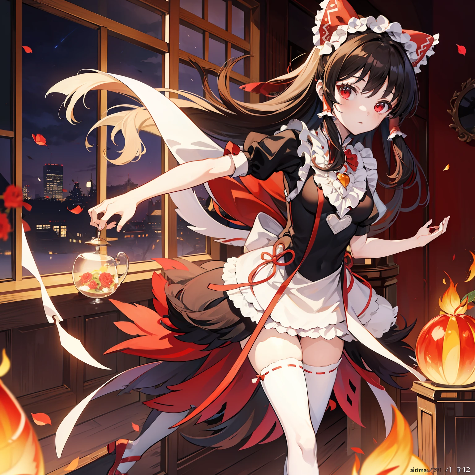 Illustration de Reimu Shiramine portant un costume de femme de chambre, dessus de la table, Détails fins, 4k, 8k, 12k, seulement, une personne, Belle fille, femme caucasienne, Jambes en forme de M、tenue de femme de chambre noire、beaucoup de volants、Une rose、dans une maison