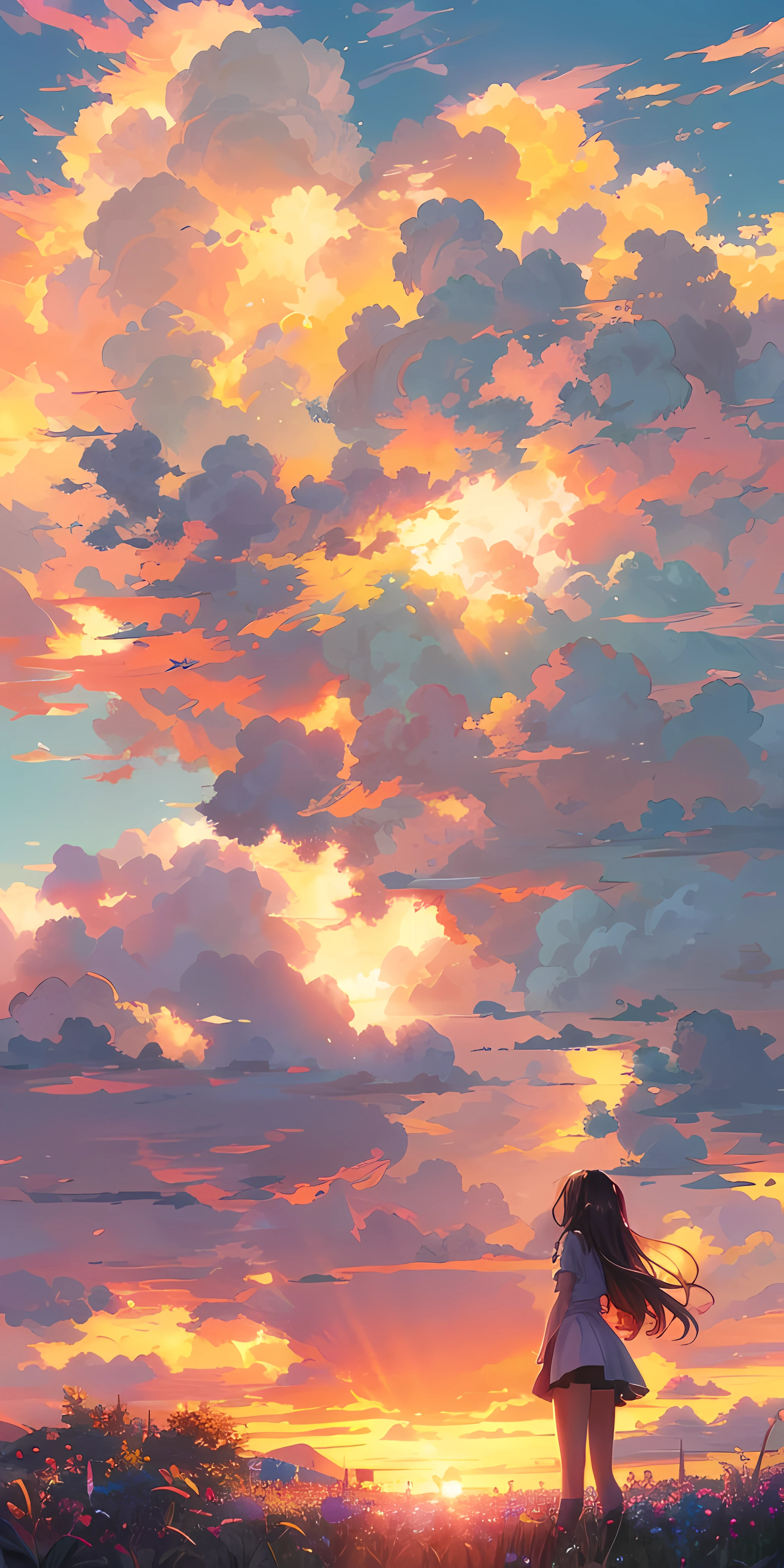 "A captivating sunset moment with a girl enchanted by the magnificent golden sunlight and billowing clouds, evoking a sense of awe and vibrant colors. Masterpiece."