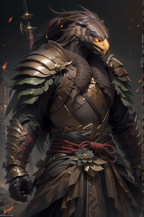 （anthropomorphic turtle），（Golden Eagle Samurai：1.4），longspear，a tall body，Stout limbs，Huge wings，There are a lot of feathers，Look at me condescendingly，disdain，despise，tosen，Fierce eyes，terroral，（（closeup cleavage，facial closeups，Close-up strengthened）），Th...