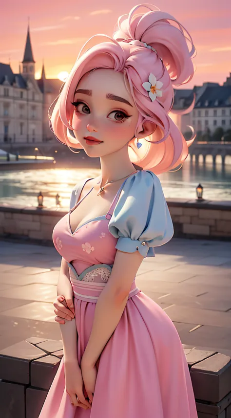 dynamic lighting, 3D model art, A Barbie princess wearing a lovely pink dress, ((sunrise)), The background is a grand castle ami...