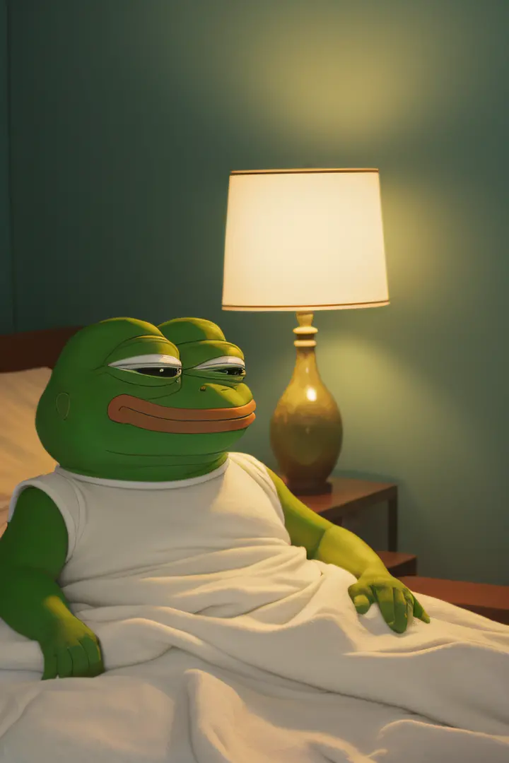 raw photo, pepe_sleepy frog, bedroom in the background, soft lighting, filmg,