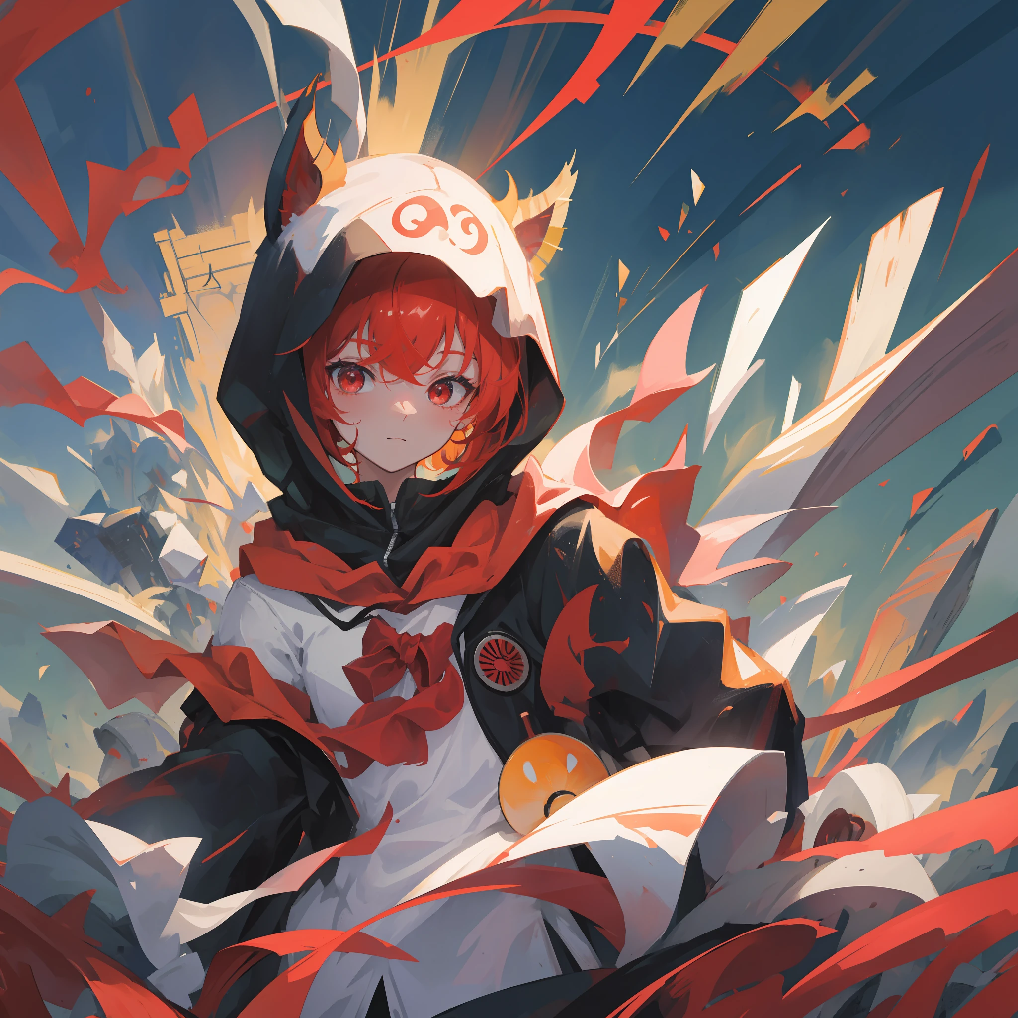 Anime girl with red hair and black hoodie sitting on a pile of red and  white papers - SeaArt AI