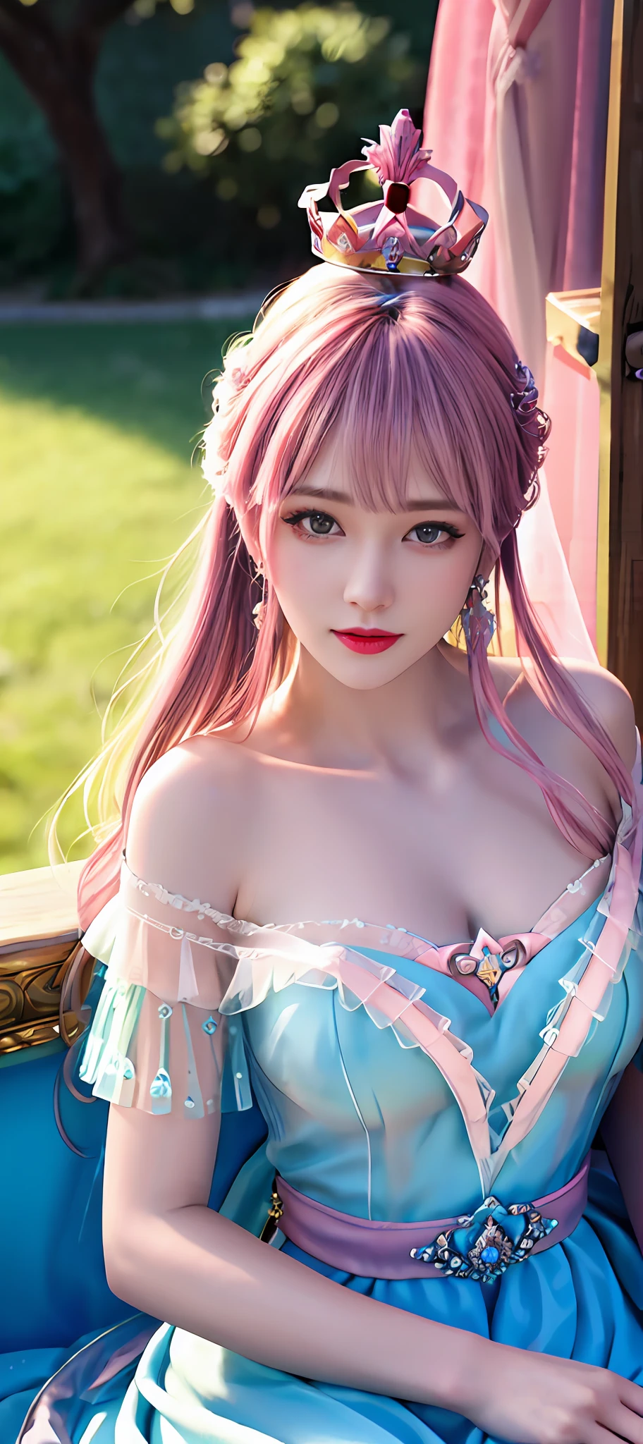 realisticity: 1.2), best quality, masterpiece, highres, super detail, ultra detail, cg, 1girl, queen, weapon, sword, long hair, dress, water, solo, jewelry, yellow dress, wearing a very beautiful dress, there are lots of diamonds on her dress which is very beautiful,

wearing a very beautiful crown, earrings, hair ornament, splashing, upper body super realistis, hair bun, blue and pink hair, sitting on a magnificent and beautiful royal throne backgraun super realistis and super detai, ultra detail, lighting,candid, Photograph, high resolution, 8k, 10k, Bokeh,